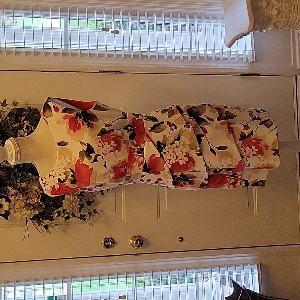Connected Apparel red coral sage white floral sleeveless tier dress sz 10 EUC …